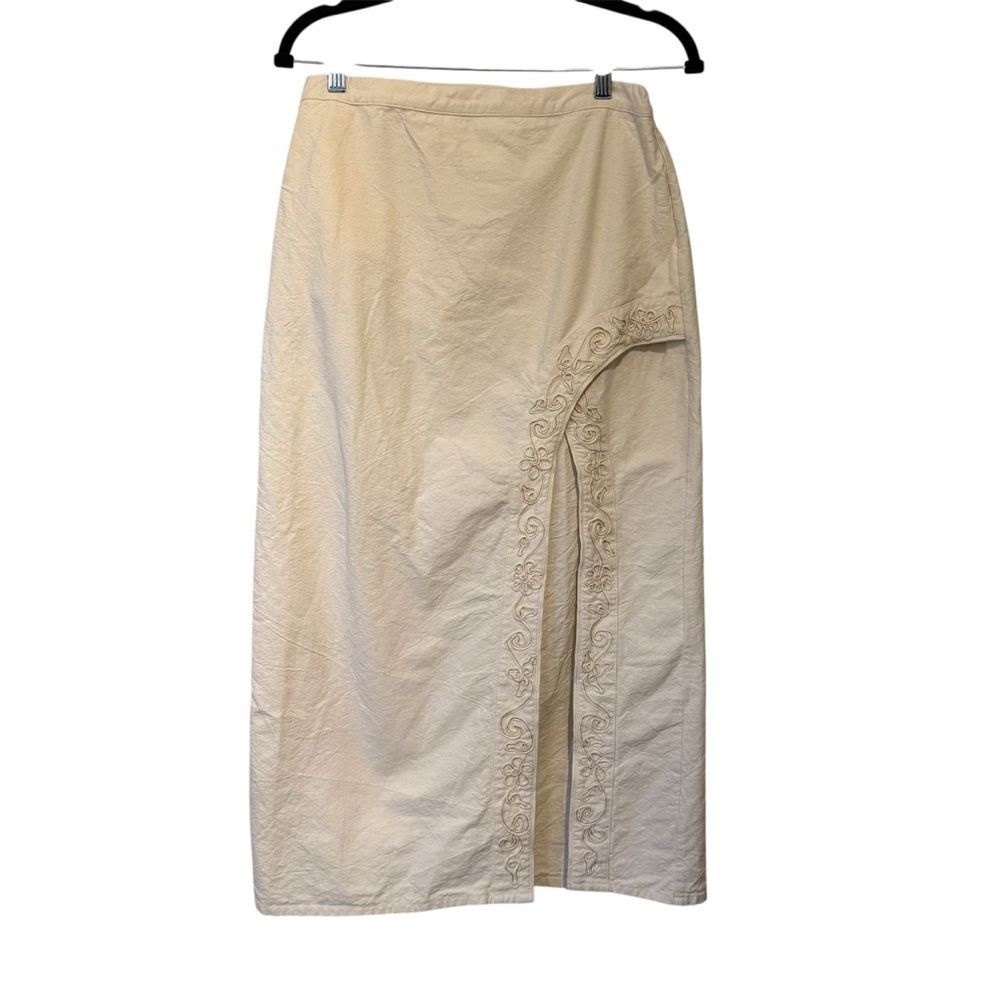 Berhana Mopa Mantra Embroidered Midi Skirt Boho Cotton Size 3 Natural